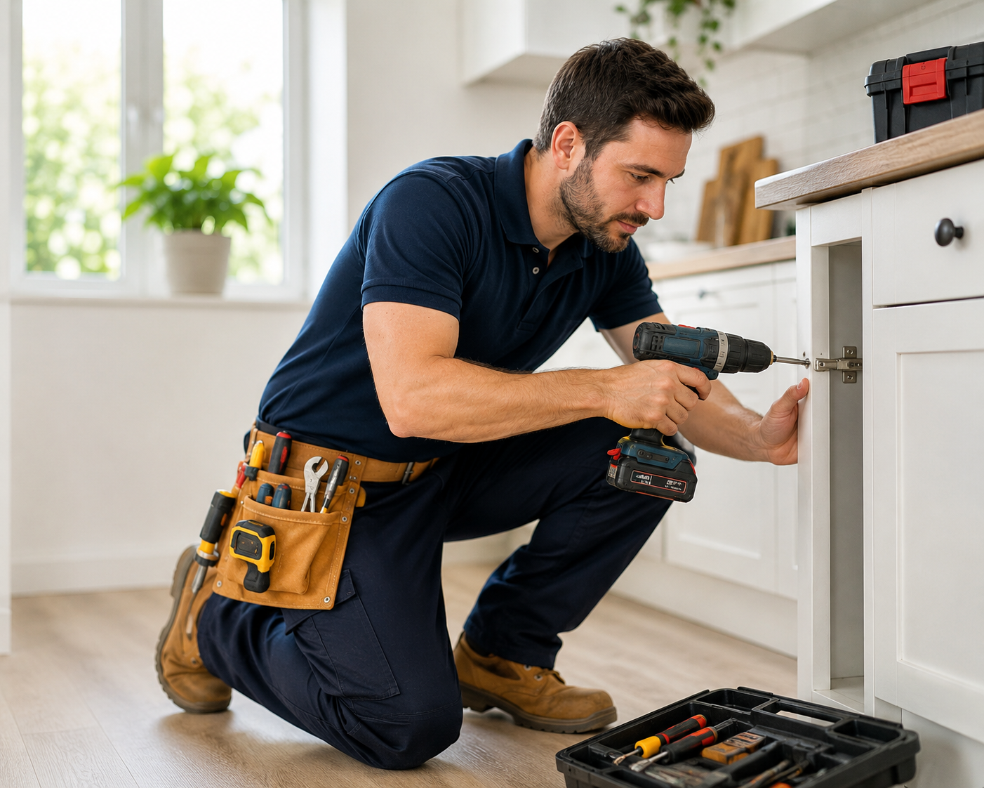 Handyman Repairing Kitchen Cabinet
